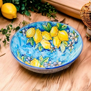 Large Salad Bowl with Amalfi Lemons, Ceramic Pasta Bowl Made in Italy, Artistic Ceramics in Tuscan Style for Cooking Gift
