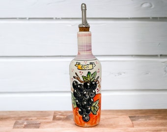 Oil Dispenser with Grape Cluster Hand Painted, Olive Oil Bottle Made in Italy, Colorful Pottery Cruet for Cooking