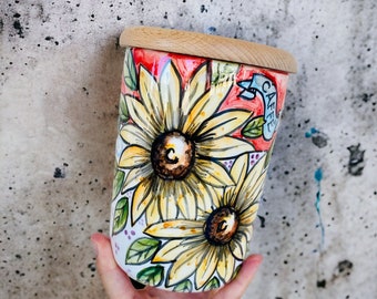 Coffee sunflower canister, italian art pottery, handmade coffee jar, coffee ceramic jar, coffee ceramic container, red coffee storage pot