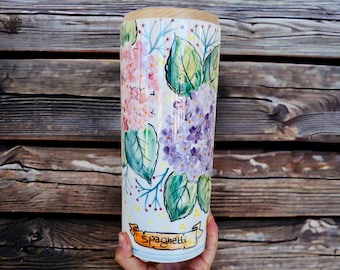 Food storage container, Kitchen canister, Pasta lover, Foodie gift, Spaghetti jar, Hydrangea design, Made in Italy, Handmade ceramic