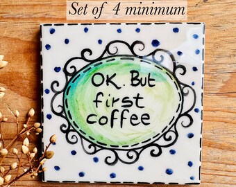 Drink Coaster Made in Italy, Coaster Set of Tile Art, Handmade Ceramic for Coffee Lover Gift or Wedding Favor for Guest