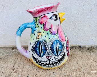 Grinsekatze handbemalt auf dekorativem Krug, Keramik-Hahn-Weinkaraffe Made in Italy, Wasserbehälter mit Alice im Wunderland