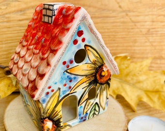 Ceramic candle house, sunflower italy design, tiny house candle holder, ceramic tealight, spring home lantern, italian pottery for summer