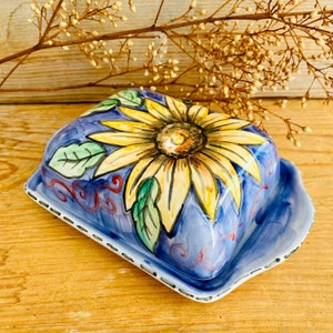 Butter Dish, Sunflower Painting, Italy Souvenir, Butter Container, Made in Italy, Tray with Lid, Handmade Ceramics, Tuscan Decor