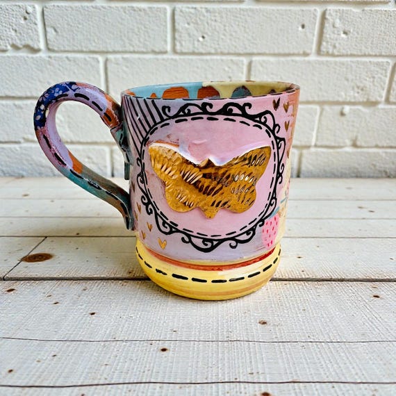 Butterfly Mug, Pastel Shade, Gift for Sister in Law, Unicorn Vibes, Gold Bug, Handmade Ceramic, Made in Italy, Artistic Coffee Cup