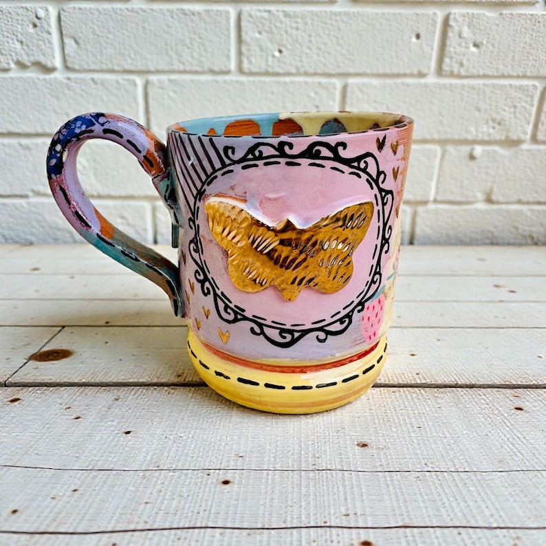 Butterfly Mug, Pastel Shade, Gift for Sister in Law, Unicorn Vibes, Gold Bug, Handmade Ceramic, Made in Italy, Artistic Coffee Cup