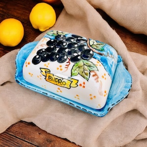 Handmade Butter Dish, Purple Grape Design, Italy Souvenir, Butter Container, Made in Italy Cooking Accessories