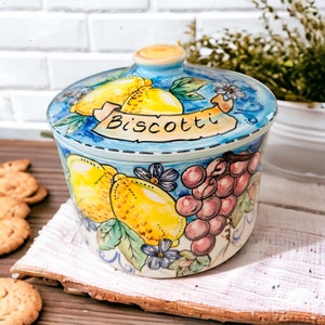 Cookie Jar Made in Italy with Lemons and Grapes Hand Painted, Tuscan Cookie Container with Fruit Design, Rustic Farmhouse Kitchen