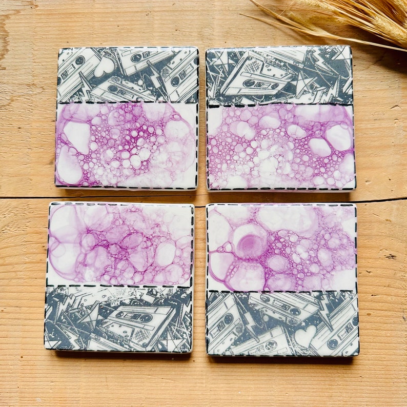 Tea coaster, Coaster set, Cassette tape, Bubble pattern, 4x4 tile, Wine lover gift, Handmade ceramic, Wedding favor for guest, Made in Italy image 4