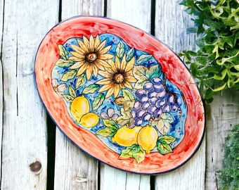 Oval Serving Dish, Meat and Cheese Platter, Made in Italy, Tuscan Pottery, Sunflower Dish, Italian Ceramic, Amalfi Lemon