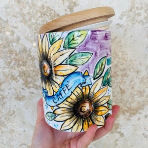 Coffee Canister, Sunflower Jar, Italian Pottery, Coffee Storage, Coffee Holder, Ceramic Jar, Food Container, Mom Kitchen Gift