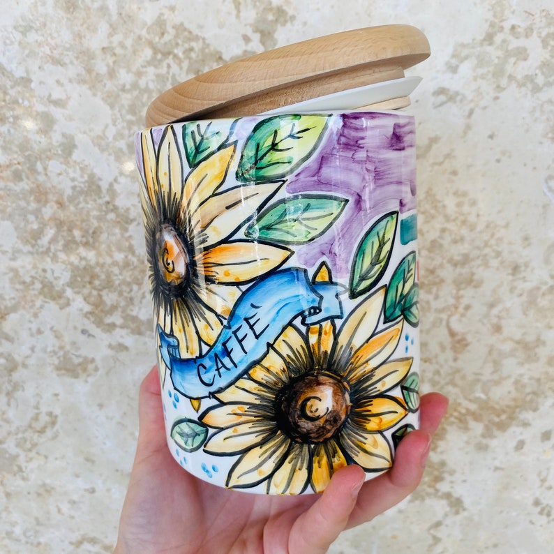 Coffee Canister, Sunflower Jar, Italian Pottery, Coffee Storage, Coffee Holder, Ceramic Jar, Food Container, Mom Kitchen Gift