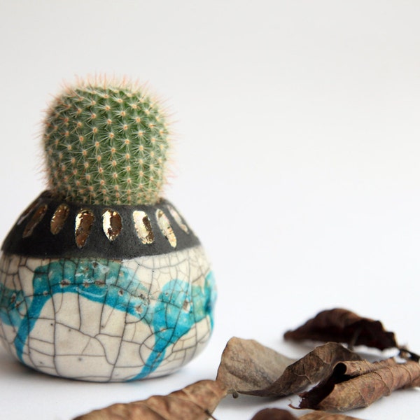 dripping planter pot for cactus in raku ceramic white and mint