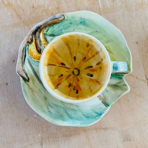 Espresso Cup with Amalfi Lemon Made in Italy, Fruit Design Italy Cup Artistic Ceramics in Tuscan Style, Cup and Saucer