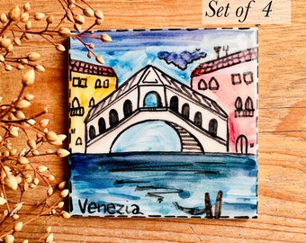 Coaster Set with Venice Made in Italy, 4x4 Tile for Wine Lover Gift, Handmade Ceramic Coffee Coaster with Artistic Painting