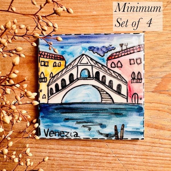 Coaster Set with Venice Made in Italy, 4x4 Tile for Wine Lover Gift, Handmade Ceramic Coffee Coaster with Artistic Painting