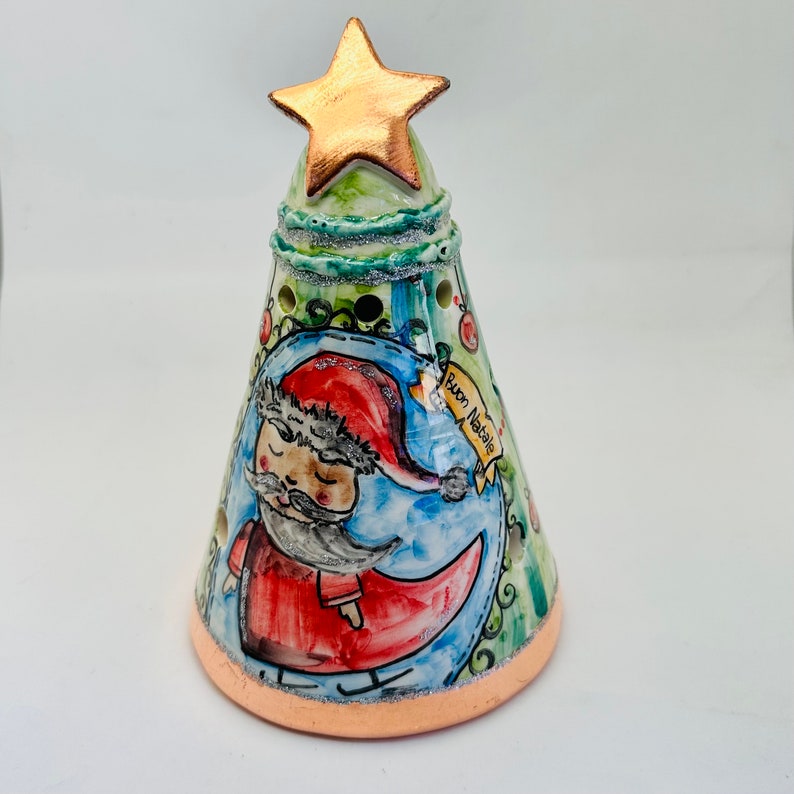 Christmas tree pottery lantern, handmade ceramic christmas tree with santa painted, ceramic holiday tea light holder, italian art pottery image 8