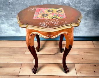 Antique italian table, restyled coffee table, hand painted side table with ceramic tile, tuscan style furniture, sunflower wooden side table