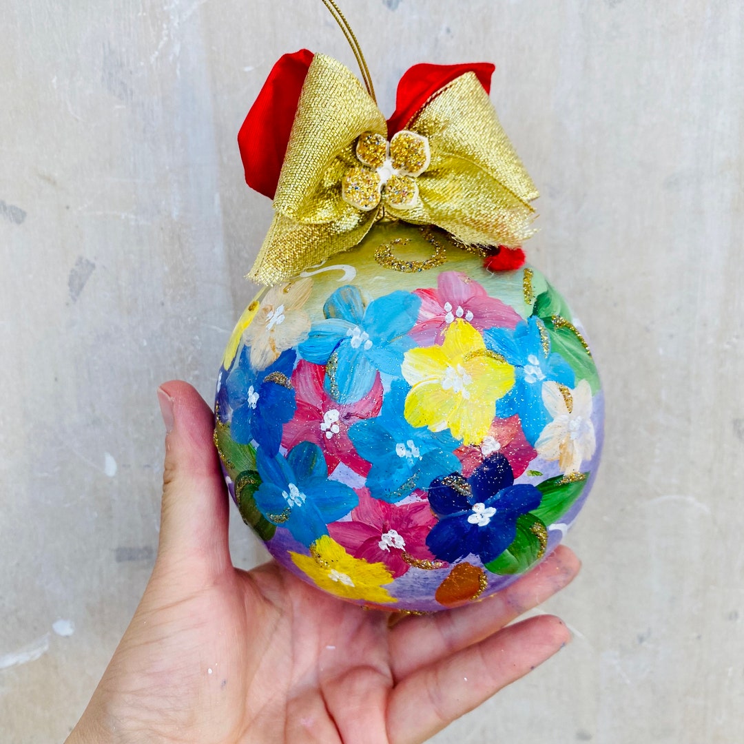 Blue Flowers Christmas Ball, Hand Painted Ceramic Ornament, Turquoise