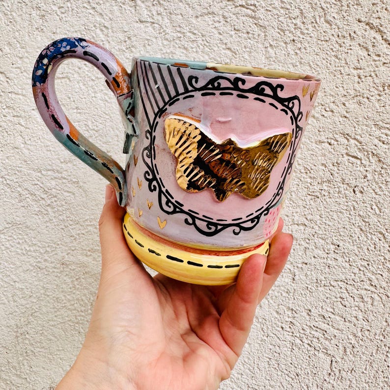 Butterfly Mug, Pastel Shade, Gift for Sister in Law, Unicorn Vibes, Gold Bug, Handmade Ceramic, Made in Italy, Artistic Coffee Cup