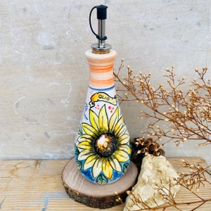 Oil Dispenser with Sunflower Hand Painted, Olive Oil Bottle Made in Italy, Colorful Pottery Cruet for Cooking, Blue Pottery