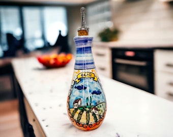 Oil Dispenser with Tuscan Landscape Hand Painted, Olive Oil Bottle Made in Italy, Artistic Ceramic  Cruet for Cooking Gift