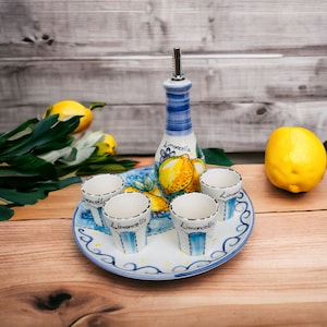 Limoncello serving set, lemon liquor bottle and cup, italian ceramic, sicilian limoncello glasses, handmade liqueor pottery set, handpainted