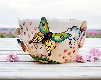 Yarn Bowl with Butterfly, Crochet Bowl with Rainbow and Clouds, Italian Ceramic, Gift for Knitter, Made in Italy, Mom Birthday