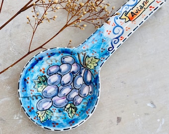 Italian grape spoon rest, ceramic spoon rest, handmade italian pottery, tuscan style art, made in Italy, hand painted spoon holder