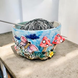 Yarn Bowl with Forest Themed Art, Crochet Bowl with Woodland Creatures, Handmade Ceramics, Gift for Knitter, Made in Italy