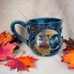 Moon Mug Made in Italy for Witchy Gift, Handmade Ceramic Cauldron Mug with Half Moon for Astronomy Gifts, Black Pottery