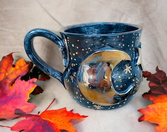 Moon Mug Made in Italy for Witchy Gift, Handmade Ceramic Cauldron Mug with Half Moon for Astronomy Gifts, Black Pottery