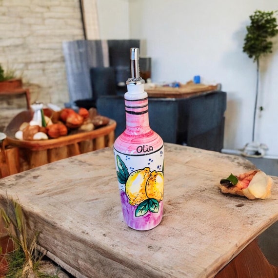 Hand-Painted Oil Dispenser with Amalfi Lemons, Italian Olive Oil Bottle, Pastel Cruet Made in Italy, Foodie Gift for Kitchen Decor