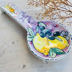 Italian Lemon and Olive Spoon Rest, Italy Tuscany Pottery Art, Made in Italy, Hand Painted Spoon Holder, Kitchen Utensil Organizer