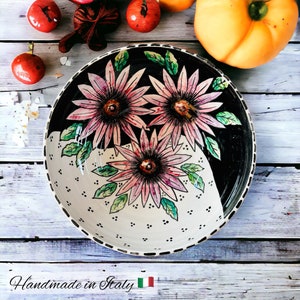 Salad Bowl with Pink Sunflower Made in Italy, Ceramic Pasta Bowl with Floral Design Hand Painted for Cooking Gift