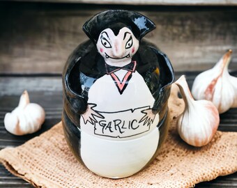 Suporte de alho Drácula, pote de alho vampiro, cerâmica feita à mão, recipiente de cozinha engraçado, presente de terror para o Halloween, presente de mãe gótica