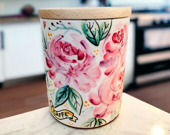 Kaffeedose mit rosa Pfingstrosen, Vorratsdose aus Italien mit rosa Rosen, Gewürzbehälter, Geschenk für Köche, Dose mit Deckel, italienische Keramik