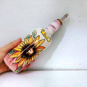 Dispensador de aceite con girasol pintado a mano, botella de aceite de oliva hecha en Italia, vinagrera de cerámica colorida para cocinar