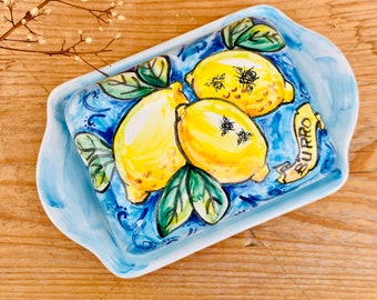 Italian pottery butter dish with lemons, hand painted butter holder, turquoise and yellow, tuscan style ceramic, made in Italy, rectangular