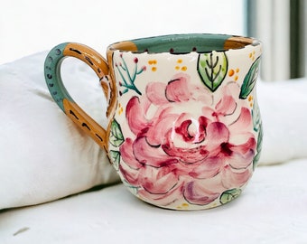 Floral mug, Pink peonies, Handcrafted mug, Flower cups, Made in Italy, Handmade ceramics, Gift for coffee lovers, Dishwasher safe