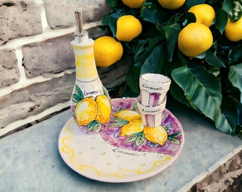 Limoncello Serving Set, Amalfi Lemon Bottle and Cups, Sicily Glasses, Handmade Italian Pottery, Made in Italy Souvenir