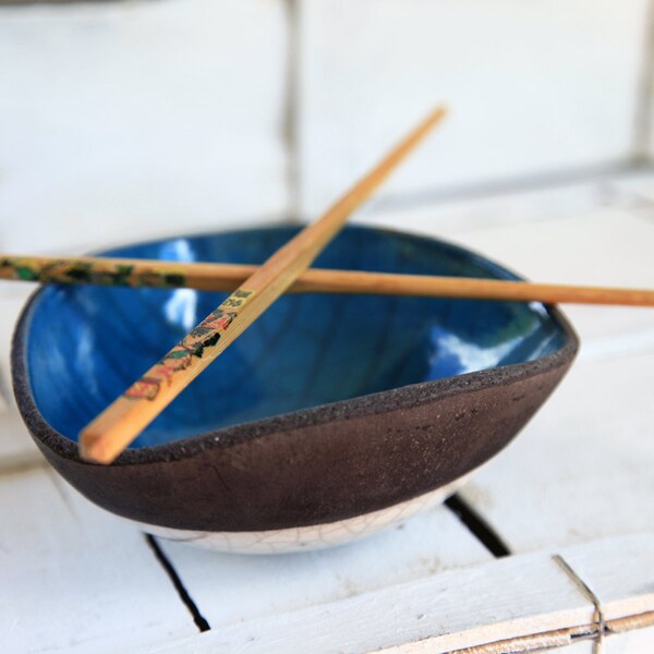 japanese raku bowl geometric  pottery  blue