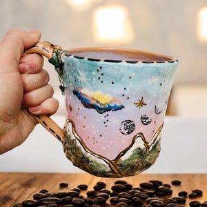 Mountain Mug, Large Size Cup, Pastel Shades, Moon phase Mug, Handmade Ceramics, Made in Italy, Night Sky Cup, Sunset Landscape