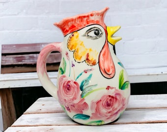 Roses rooster pottery pitcher, handmade ceramic water pitcher, floral pottery jug, chicken beverage jug, traditional florence jug, pink rose