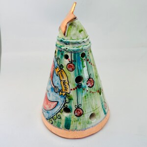 Christmas tree pottery lantern, handmade ceramic christmas tree with santa painted, ceramic holiday tea light holder, italian art pottery image 5