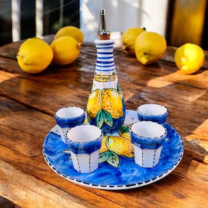Hand-Painted Amalfi Lemons Limoncello Set, Italian Gift with Bottle, Glasses, and Tray, Made in Italy, Ready to Ship