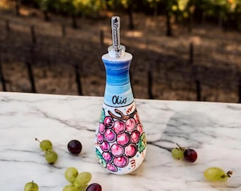 Oil Dispenser with Grape Cluster Hand Painted, Olive Oil Bottle Made in Italy, Cruet in Tuscan Pottery for Cooking Gift