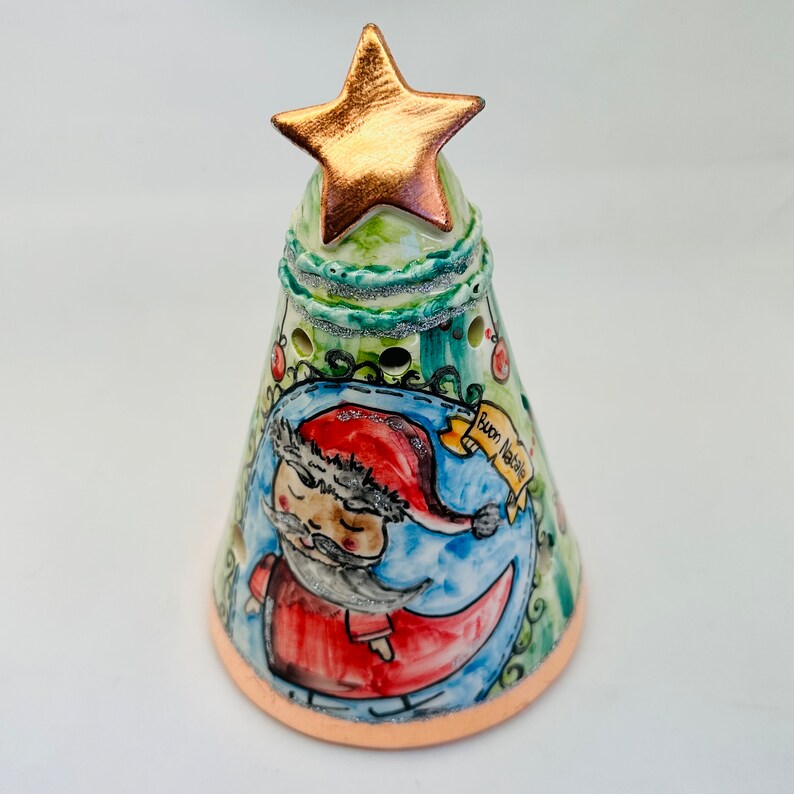 Christmas tree pottery lantern, handmade ceramic christmas tree with santa painted, ceramic holiday tea light holder, italian art pottery image 6