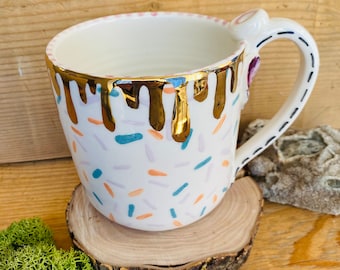 Sprinkles handmade mug, geometric mug, gold dripping mug, pottery mug hand painted, boho style coffee cup, donut inspired mug, minimal cup