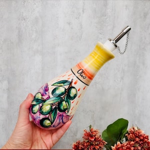 Oil Dispenser with Olive Branches Hand Painted, Olive Oil Bottle Made in Italy, Colorful Pottery Cruet for Cooking